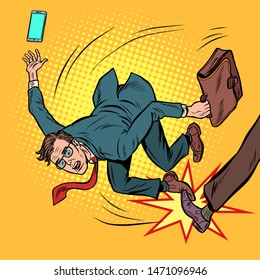 Businessman Falls. Business Competition And Unfair Practices. Pop Art Retro Vector Stock Illustration Drawing