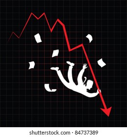 Businessman falls down alongside the lowering stock chart