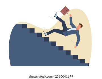 Businessman falls down career ladder, business failure, job loss. Troubles and problems on work, unemployment bankruptcy person, economical crisis, cartoon flat isolated vector concept