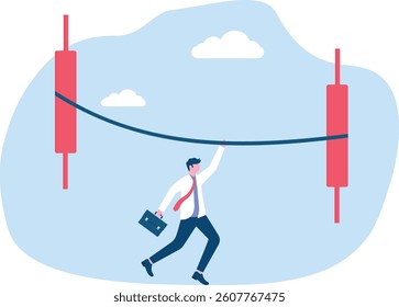 businessman falls from hammock tied on red bar graph of investment, economic crash, investing failure or mistake, price drop, recession, investment risk concept, stock price decline concept vector

