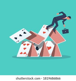 Businessman falls from a house of cards. Shaky position. Falling from height. Business risk concept. Vector illustration flat design. Landing business page.