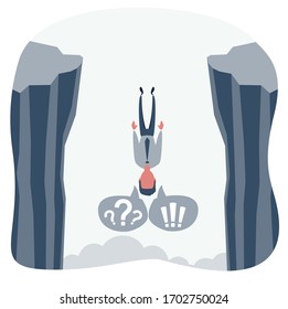 Businessman falls into the abyss, crisis, bankruptcy. Flat design vector illustration.