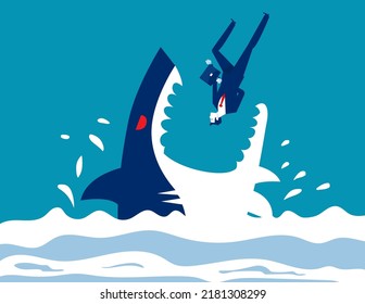 Businessman falls into mouth of shark rushing. Business person with animal mouth