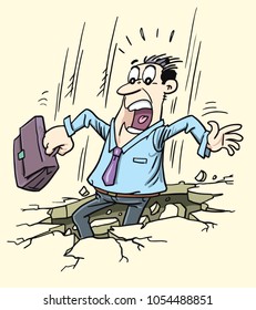 Businessman falls through the floor
