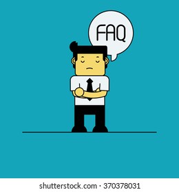 Businessman with FAQ in thinking bubble.