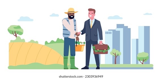 Businessman and farmer shake hands in agreement. Agree to supply organic products. Man buying eco vegetables and meat produce. Countryside and city landscape cartoon flat