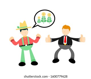 businessman and farmer talk about money garden cartoon doodle flat design style vector illustration