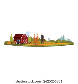 Businessman and farmers shaking hands on farm with city in background