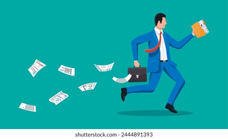 Businessman is fast running with waving necktie and briefcase. Business man rushing hurry to get on time. Time is money. Flat vector illustration