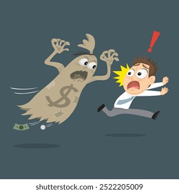 Businessman fear broken money bag no money. Flat, Vector, Illustration, Cartoon, EPS10. 
 