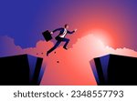 Businessman fearlessly jumps over a ravine. A depiction of conquering challenges, overcoming obstacles, and embracing optimism and determination in the business world