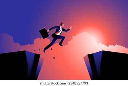 Businessman fearlessly jumps over a ravine. A depiction of conquering challenges, overcoming obstacles, and embracing optimism and determination in the business world