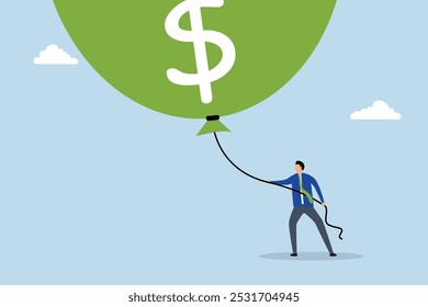 Businessman Federal Reserve or government attempting to deflate a large inflation balloon.