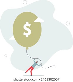 businessman Federal Reserve or government try to pull big inflation balloon down.flat vector illustration.