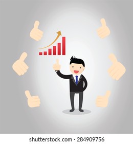 Businessman feedback. A successful businessman acknowledging many thumbs up around him.