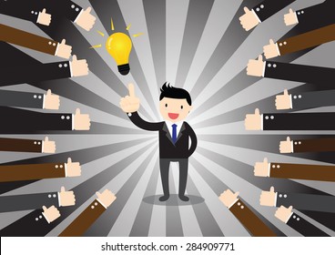Businessman feedback. A successful businessman acknowledging many thumbs up around him.