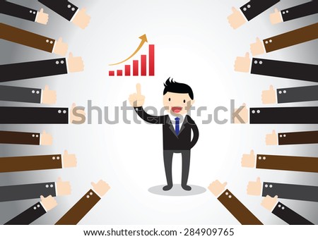 Businessman feedback. A successful businessman acknowledging many thumbs up around him.