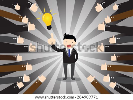 Businessman feedback. A successful businessman acknowledging many thumbs up around him.