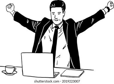 Businessman feel great Finish job with Labtop computer Office worker Hand drawn line art illustration