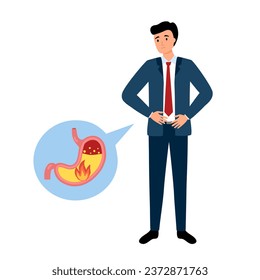 Businessman feel pain in stomach vector illustration. Stomach acid reflux disease and digestive system problem. Heartburn concept.