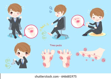 Businessman Feel Pain With Tinea Pedis On Blue Background