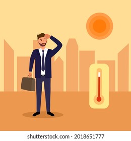 Businessman feel tire and sweaty in hot climate flat design. Hot summer day in the city with strong sunlight.