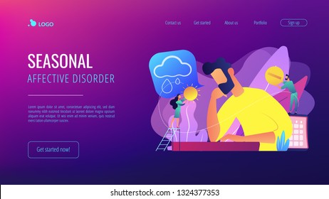 Businessman feeling bad with depressive symptoms, tiny people. Seasonal affective disorder, mood disorder, depression symptoms treatment concept. Website vibrant violet landing web page template.