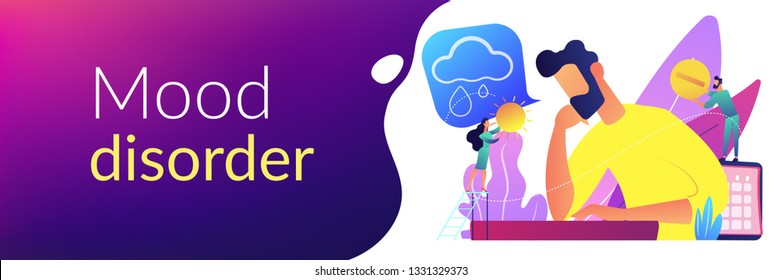Businessman feeling bad with depressive symptoms, tiny people. Seasonal affective disorder, mood disorder, depression symptoms treatment concept. Header or footer banner template with copy space.
