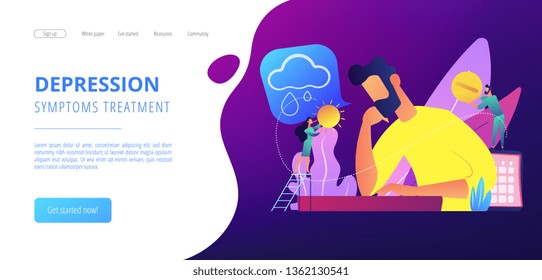 Businessman feeling bad with depressive symptoms, tiny people. Seasonal affective disorder, mood disorder, depression symptoms treatment concept. Website vibrant violet landing web page template.
