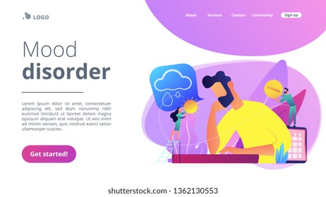 Businessman feeling bad with depressive symptoms, tiny people. Seasonal affective disorder, mood disorder, depression symptoms treatment concept. Website vibrant violet landing web page template.