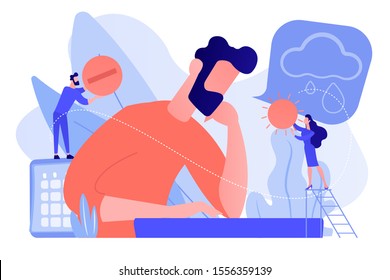 Businessman feeling bad with depressive symptoms, tiny people. Seasonal affective disorder, mood disorder, depression symptoms treatment concept. Pinkish coral bluevector vector isolated illustration