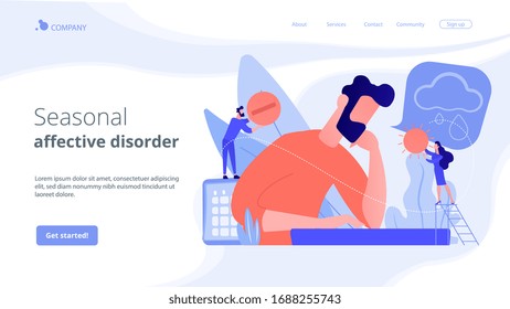 Businessman feeling bad with depressive symptoms, tiny people. Seasonal affective disorder, mood disorder, depression symptoms treatment concept. Website vibrant violet landing web page template.