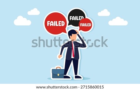 Businessman feeling confused surrounded by failed chat messages illustrating difficulty finding solutions for an unsuccessful business project