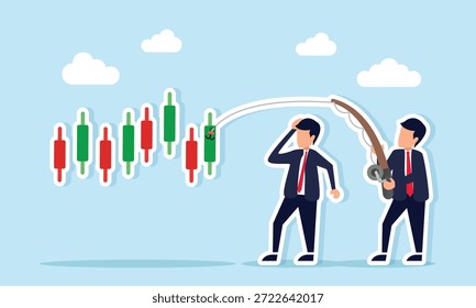 Empresário sentindo-se confuso enquanto outro empresário pesca uma parte de castiçal ilustrando dois lados da tomada de lucro do mercado de ações e perda
