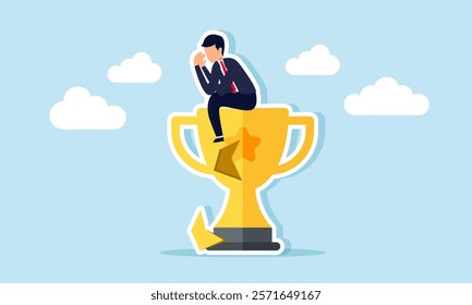 Businessman feeling disappointed and sad, sitting on a broken trophy, illustration of frustration in maintaining the title as a leading company dominating market share