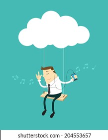 Businessman feeling happy with cloud connection. Vector illustration