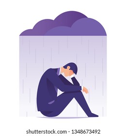 businessman feeling sad and depression sitting under rain and cloud, young worker feeling blue and stress, sad and depression for young people concept vector illustration