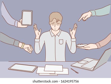 Businessman feeling stressed and hard working. Vector illustration.