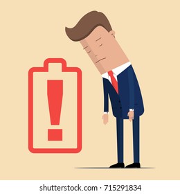 Businessman feeling tired and low battery. Businessman character no energy battery. Vector illustration