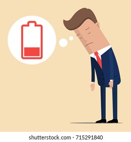 Businessman feeling tired and low battery. Businessman character no energy battery. Vector illustration