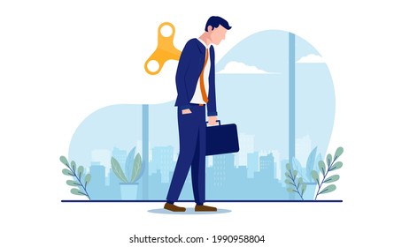 Businessman feeling useless - Man walking like a wind up puppet alone, being a slave to corporate business. Vector illustration with white background.