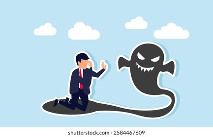 Businessman feels afraid of his shadow forming a ghost, illustration of inner fear that hinders growth