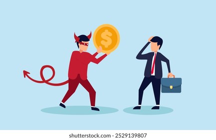 A businessman feels confused as a devil holds a dollar coin, illustration of the temptation to engage in corruption within a project