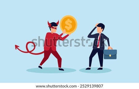 A businessman feels confused as a devil holds a dollar coin, illustration of the temptation to engage in corruption within a project
