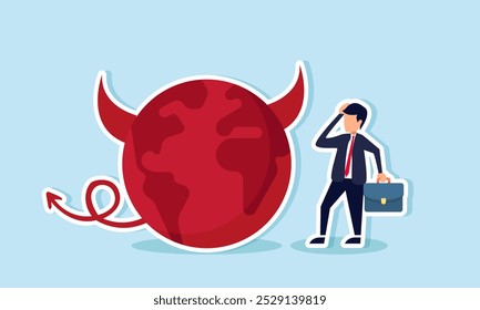 A businessman feels confused with a devilish globe, illustration of the influence of a corrupt business environment pushing towards dishonest practices