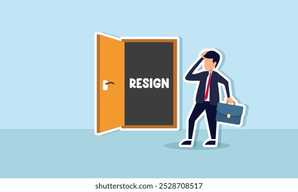 Un hombre de negocios se siente confundido cuando se acerca a una puerta etiquetada como RESIGN, lo que ilustra la incertidumbre de tomar una decisión de renuncia  