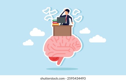 Businessman feels confused at a work desk placed on top of a brain, illustration of confusion in designing and determining company vision