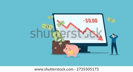 A businessman feels stressed looking at a screen with a declining red graph and zero balance. Features an empty wallet and piggy bank, symbolizing a cash flow crisis and bankruptcy.