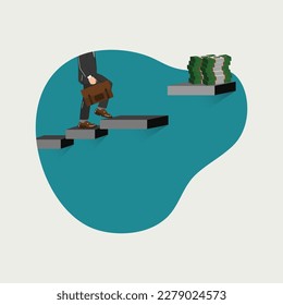 Businessman feet on the stairs with money on the top of stairs illustration