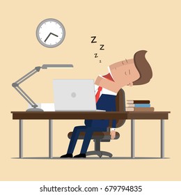 Businessman fell asleep at work. Work overtime. Vector illustration